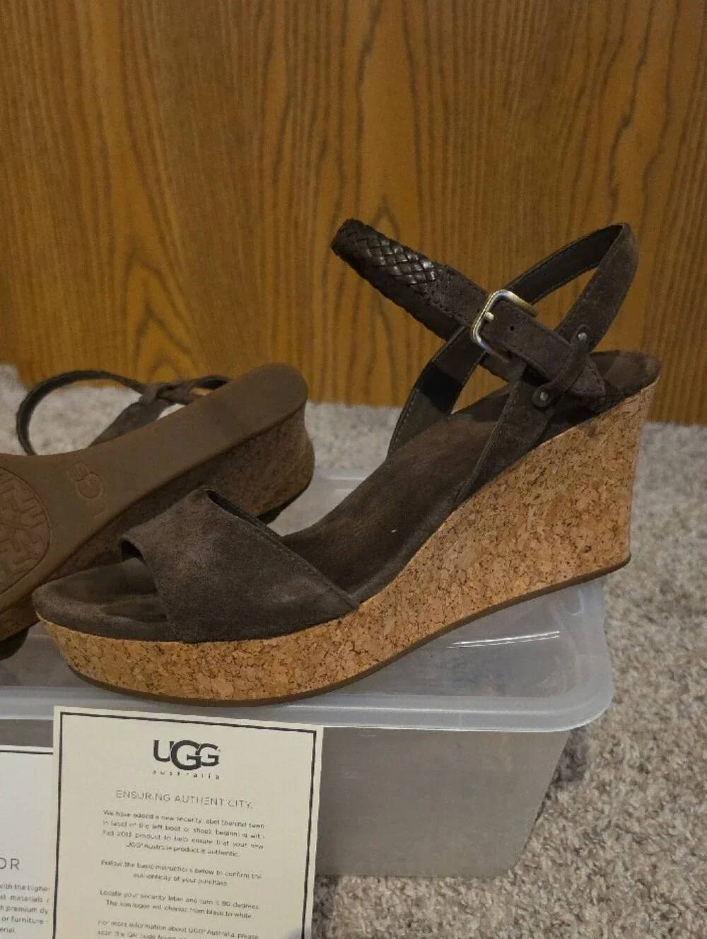 UGG Dark Brown Suede Cork Wedge Sandals with Ankle Straps